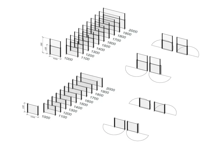 Lasikaiteiden vakioleveyksinä saatavat mitat ja ovien kääntymissuunnat esitetty kaaviokuvana selkeyttämässä clickitup hinnastoa