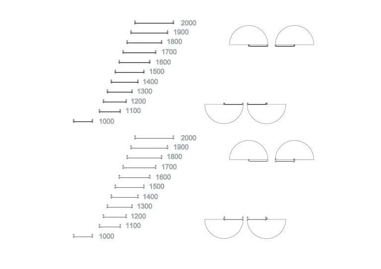 Lasikaiteiden vakioleveyksinä saatavat mitat ja ovien kääntymissuunnat esitetty kaaviokuvana selkeyttämässä hinnastoa